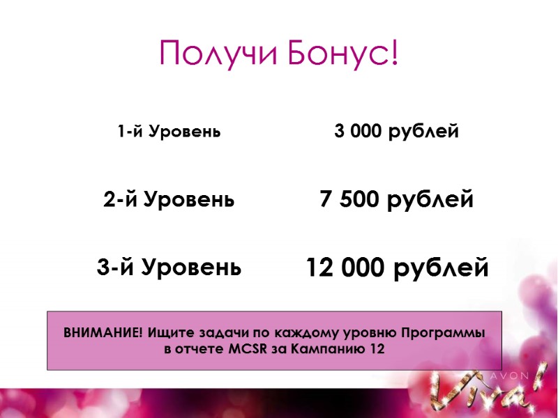 Получи Бонус! 1-й Уровень 3 000 рублей 2-й Уровень 7 500 рублей 3-й Уровень